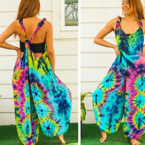 Hand Dyed Bohemian Hippie Tie-Dye Harem Jumpsuit. Multi. O/S NWT - Picture 2 of 15